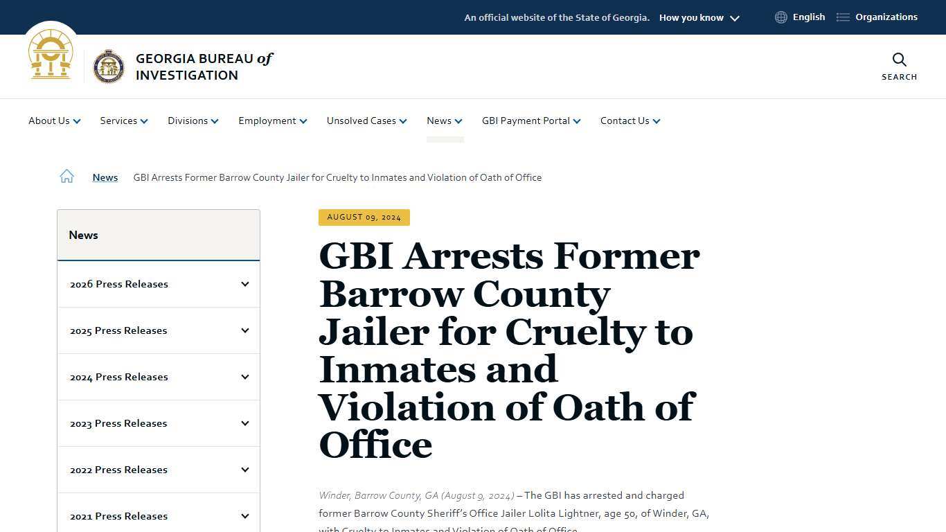 GBI Arrests Former Barrow County Jailer for Cruelty to Inmates and Violation of Oath of Office | Georgia Bureau of Investigation